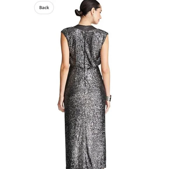 Halston Ranae Cocktail Dress Womens 0 Black Silver Sequin Sheath Blouson Drape